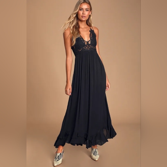 Free People L Adella Maxi Slip Floral Lace Long Flowy Dress Criss Cross Back - Picture 9 of 16